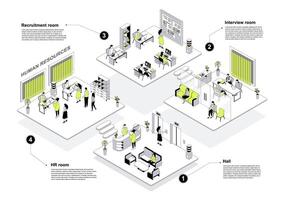 HR agency 3d isometric concept in outline design for web. People in isometry rooms waiting at reception hall, managers works at office, recruitment and job interview department. illustration. vector