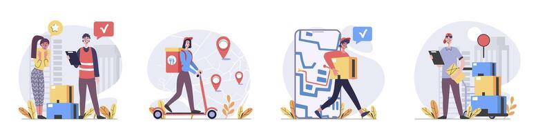 Delivery concept with people scenes set in flat web design. Collection of character situation with couriers shipping parcels from warehouse, logistics and distribution orders. illustrations. vector