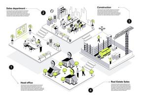 Real estate 3d isometric concept in outline design for web. People working in isometry rooms at head office and house sales department, workers building at construction site. illustration. vector