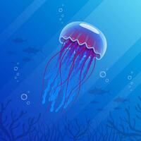 Realistic jellyfish blue lightening, poisonous jellyfish in deep water with deep ocean creature vector