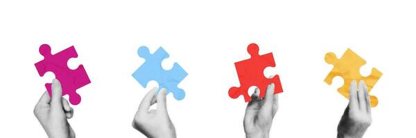 Four hands holding and making puzzle together trendy halftone collage elements. Metaphor of partnership, teamwork concept. Modern retro illustration isolated on transparent background vector