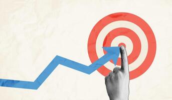 Achieve goal concept art collage. Rising arrow chart halftone hand pointing to center of dartboard. Business goal, achieve targets, success. illustration on crumpled paper texture background vector