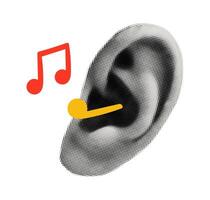Trendy collage element. Halftone ear with doodle music notes. Listening music, song, sound, tune. Modern retro grunge illustration on transparent background vector