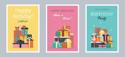 Set of Happy Birthday greeting cards or party invitations. isolated multicolored flat illustrations. Postcards with various gift boxes. Layered templates. Invitation concept. vector