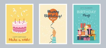 Set of Happy Birthday greeting cards or party invitations. isolated multicolored flat illustrations. Postcards with various gift boxes, cake, balloon. Layered templates. Invitation concept. vector