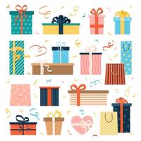 Bundle of gift boxes. Festive boxes in various shapes, patterns, with bows and ribbons. Isolated illustrations on white for happy birthday, wedding, Valentine's Day, and New Year designs. vector