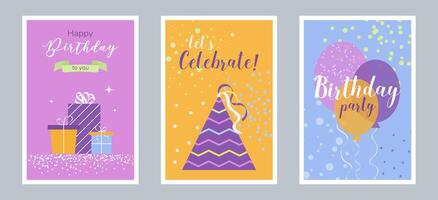 Set of Happy Birthday greeting cards or party invitations. isolated multicolored flat illustrations. Postcards with gift boxes, balloons and party hat. Layered templates. Invitation concept. vector