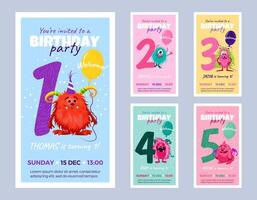Collection of happy birthday party invitation cards with funny cartoon monsters. isolated template greeting designs for kids from 1 to 5 years old. Festive multicolored postcards. vector
