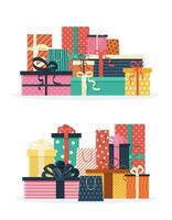 Set of festive holiday design elements, on a stack or pile. Various and multicolored gift boxes and present packages for happy birthday, Christmas, sale design. isolated illustration on white. vector