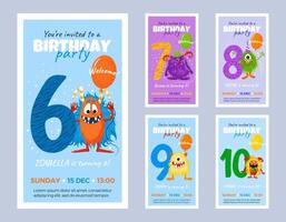 Collection of happy birthday party invitation cards with funny cartoon monsters. isolated template greeting designs for kids from 6 to 10 years old. Festive multicolored postcards. vector