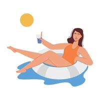 WebGirl sitting in inflatable ring, pool relaxing flat illustration vector
