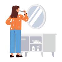 WebGirl applying makeup while standing in front of vanity, flat illustration vector