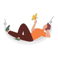 WeButterfly playing with a man relaxing in hammock, flat illustration b vector