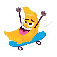 WebA joyful moon riding on skateboard, flat style sticker vector
