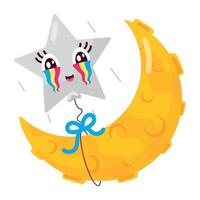 WebMoon with rainbow star emoji denoting nightfall, flat sticker vector