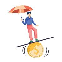 Man balancing on coin with umbrella, instability concept flat illustration vector