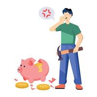 Man with broken piggy bank, financial crisis flat illustration vector