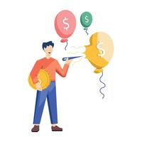 Man popping flying balloons, deflation concept flat illustration vector