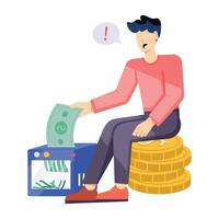 Man putting banknote in money shredder, flat illustration vector