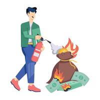 Man controlling burning costs with fire extinguisher, flat illustration vector