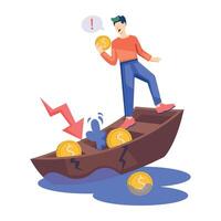 Man standing on a broken boat, economy collapse flat illustration vector