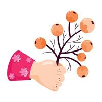 WebHand holding rowan twig flat sticker vector