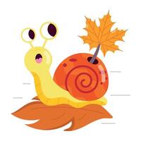 WebCute snail with a leaf on its back, flat sticker vector