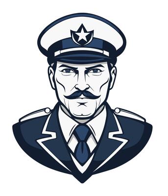 Maritime Captain of ship with cap and mustache. Nautical vintage stamp, tattoo style. Ideal for emblem or logo.