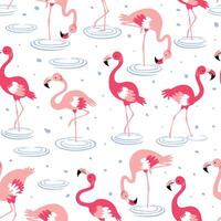 Pattern pink flamingos in water tropical on a white background. Pink flamingo in flat style. Seamless pattern for textile, wrapping paper, background. vector