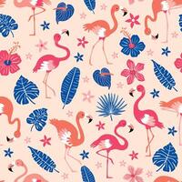 Pattern with pink flamingos and tropical leaves on pink background. Pink flamingo in flat style. Seamless pattern for textile, wrapping paper, background. vector