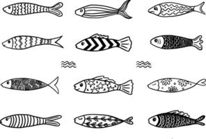 Hand drawn fish set with abstract lines and interesting elements. Cute fish with ornaments vector