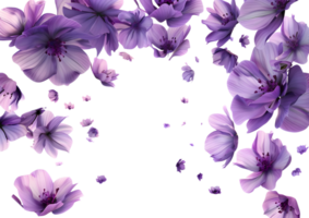 Purple flowers with petals scattered, creating a vibrant floral design. Isolated on a transparent background png