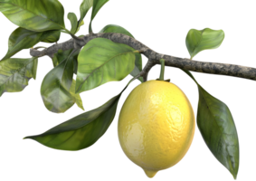 Yellow lemon hanging on a branch, representing fresh citrus fruit. Isolated on a transparent background png