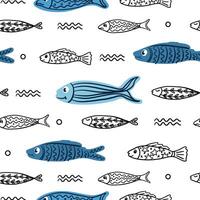 Hand drawn seamless pattern with cute, funny fishes with abstract lines ornaments vector