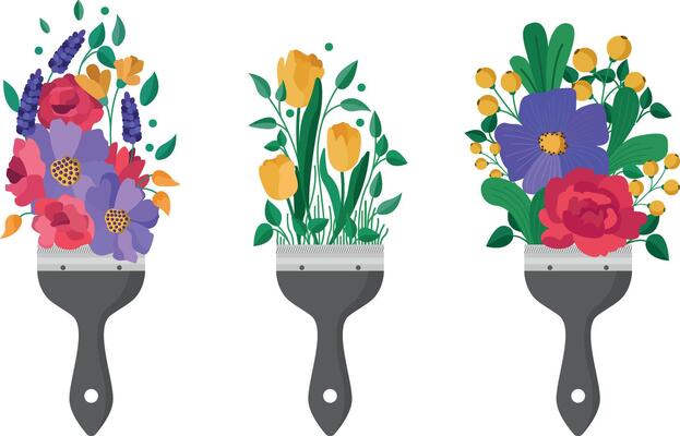 Brush paints with flowers set, spring concept