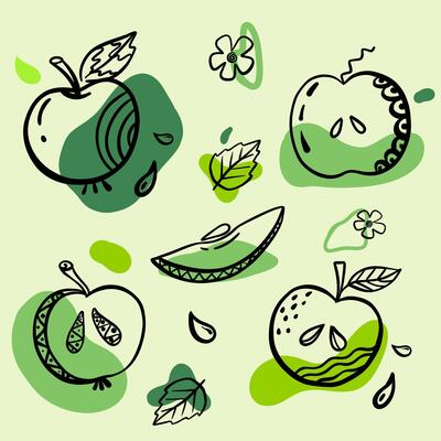 Apple hand drawn style with abstract shapes. Food eco template for menu, apple jam and juice label, tea banner