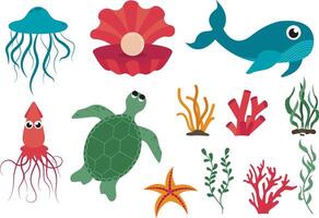 Sea animals and algae set vector