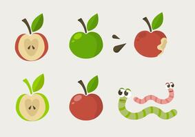 Red and green apple set with warms. Fruit design elements. Whole apples, slices, leaves and apple seeds design elements isolated on white. Red, green and red apples set. vector