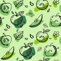 Apples fruit seamless pattern. Apples with leaf hand drawn repeated backdrop. Whole fruit and cut half. Food template for background, textile, wrapping paper, wallpaper vector