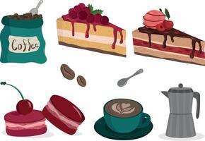 Coffee set with coffee cups and sweets. Macaroon and some pice of cake vector