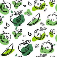 Apples fruit seamless pattern. Apples with leaf hand drawn repeated backdrop. Whole fruit and cut half. Food template for background, textile, wrapping paper, wallpaper vector