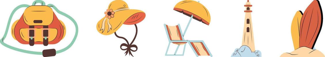 A line of beach and travel icons including a backpack, a hat, a chair, an umbrella, a surfboard, and a lighthouse vector