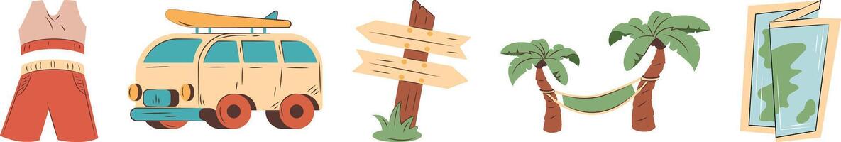 A line of cartoon images with a car, a surfboard, a palm tree, a sign, a hammock, and a shirt vector