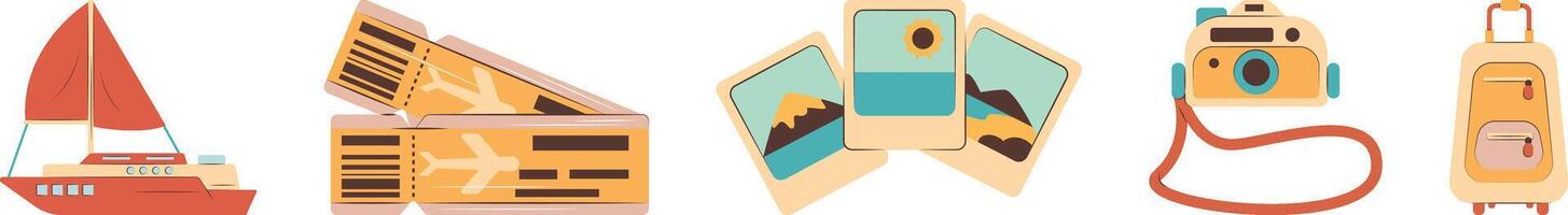 A line of images of travel items, including a boat, a camera, and a suitcase vector