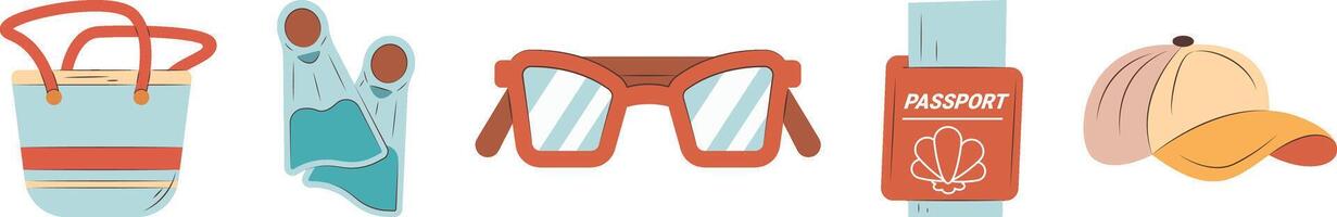 A line of items that are related to travel, including a passport, glasses, and a hat vector