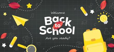 back to school chalk on blackboard background layout decorate with school supplies and hand drawn icon vector