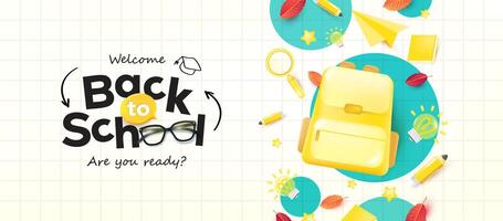 back to school on lined paper background layout decorate with school supplies vector