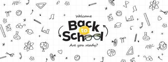 back to school on lined paper background layout decorate with school supplies hand drawn icon vector