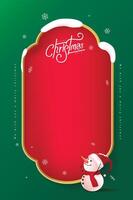 Merry Christmas sign banner red frame with empty space and snowman on green background vector