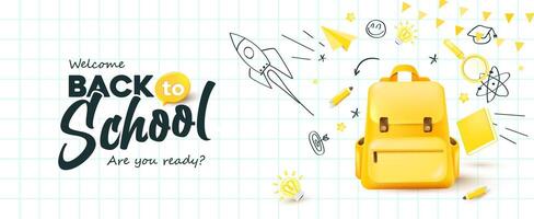 back to school banner on lined paper background layout decorate with school supplies and hand drawn icon vector